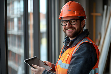 Construction worker wearing a high-visibility vest, holding an iPad and reviewing information on the screen


