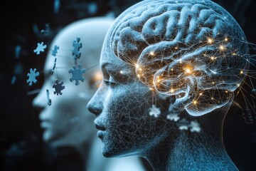 Brainpower exercise Portrait of a person with digital brain patterns representing the intersection of technology and human thought