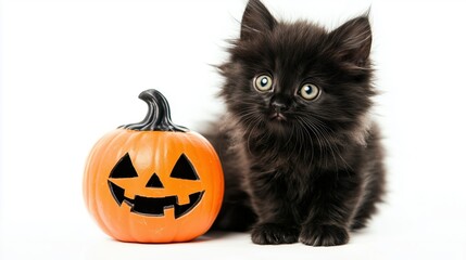 Long-haired black kitten with Halloween pumpkin on a white background