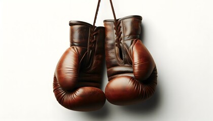 Old boxing gloves hanging on a white background