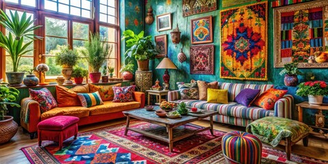 Fototapeta premium Vibrant eclectic bohemian fusion of global cultural influences with bold colors, eclectic patterns, and whimsical textures celebrating individuality in free-spirited living spaces