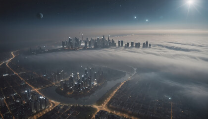 Fototapeta premium View from far above of a city shrouded in haze due to industrial air pollution, fine dust and exhaust pollution in urban centers