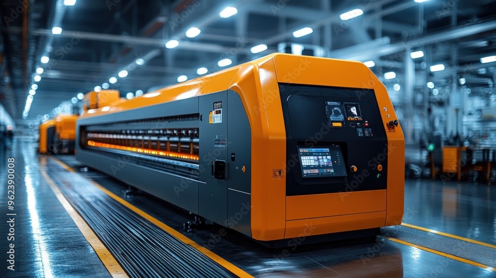 Poster modern automated production line in a factory with orange and black machinery.