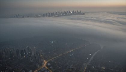 View from far above of a city shrouded in haze due to industrial air pollution, fine dust and exhaust pollution in urban centers