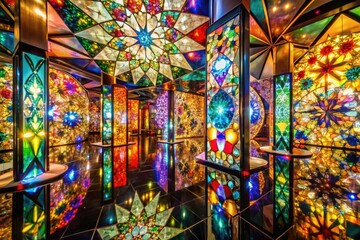 Fototapeta premium intricate glass installations, kaleidoscope mirror reflections, vibrant colors, and abstract shapes evoking a sense of wonder and enchantment