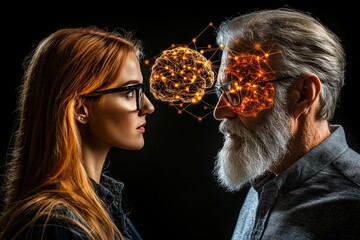 Brain fitness Meomory Older man and young woman with glowing brain connections representing the transfer of knowledge and wisdom across generations
