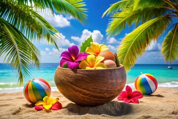 Obraz premium refreshing summer vibes Aloha Protein mix in coconut shell bowl on tropical palm tree-lined beach with colorful beach balls and vibrant hibiscus flowers under clear blue sky