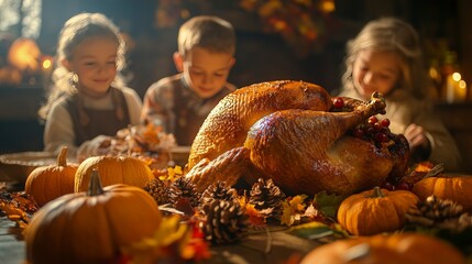 Family sitting around a table, kids coloring Thanksgiving-themed pages, soft indoor light