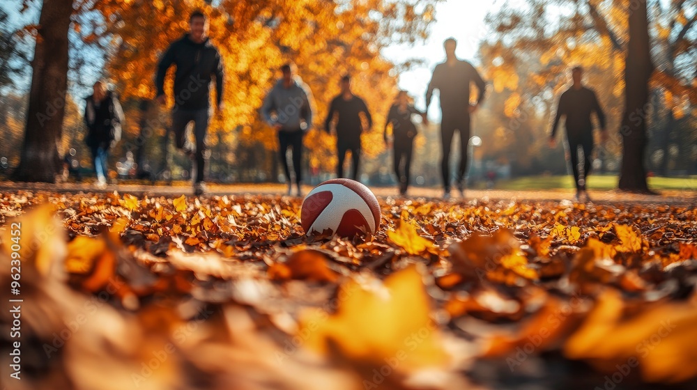 Wall mural Friends playing touch football in a park, surrounded by fall leaves, bright midday sun