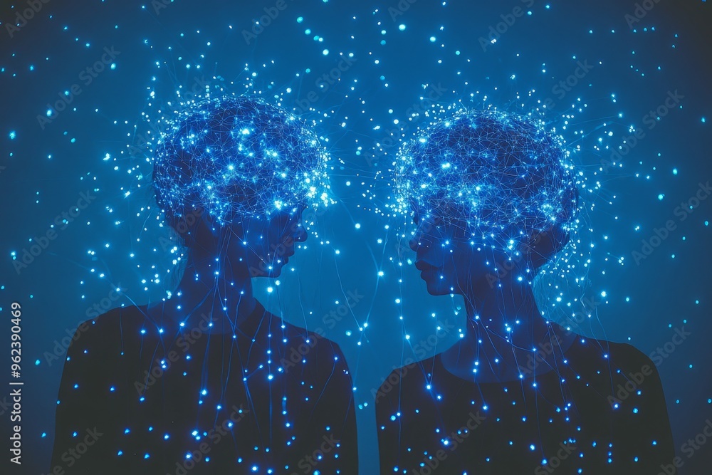 Poster cognitive agility meomory silhouettes with starry brain patterns symbolizing the cosmic connection o