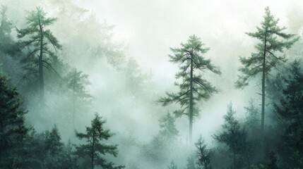 Pine Mist Whisper, an enchanting scene of mist curling through towering pine trees, evoking a serene atmosphere filled with the gentle whispers of nature.