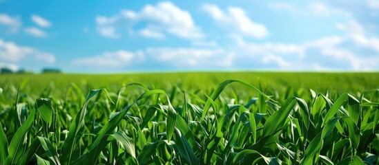 Fototapeta premium Green Corn Field In Early Summer With Blue Sky In The Background