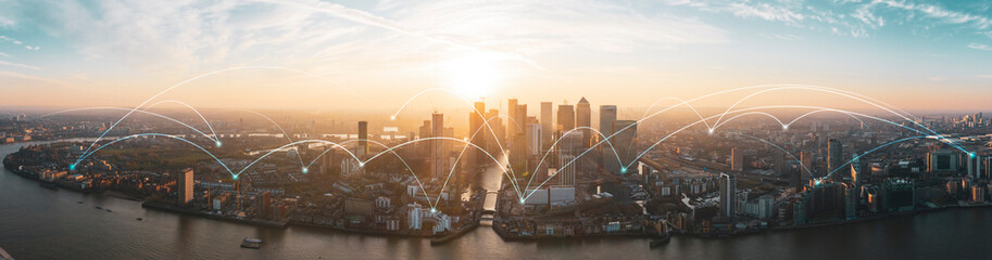 Financial district london,  cityscape view of London scenery big data network connections