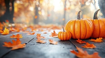 Harvest festival table, covered with pumpkins, gourds, and autumn leaves, soft natural light
