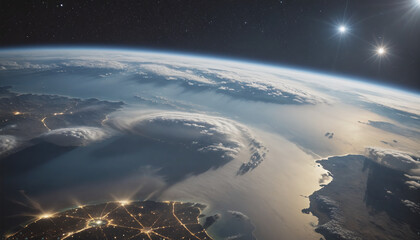 View from far above of a city shrouded in haze due to industrial air pollution, fine dust and exhaust pollution in urban centers