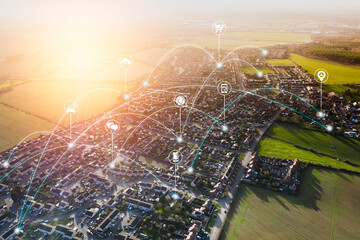 Smart city, internet of thing hosing urban masterplan sunset big data network connections