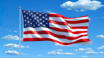 Obraz premium Independence Day American flag, gently waving in the wind, blue sky background, bright daylight