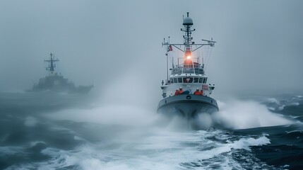 Powerful rescue ship navigates through turbulent ocean waves fierce storm dark clouds rain danger poster post card day