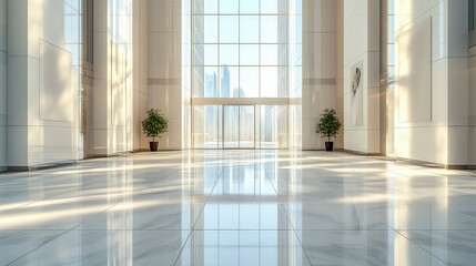 Office lobby, minimalist design with modern art, glass doors, natural daylight