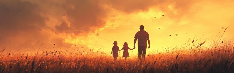 Silhouette of Parent and Child Walking in Watercolor