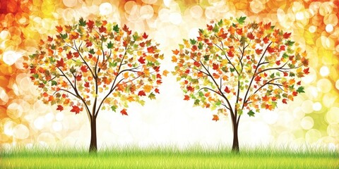 A tranquil autumn landscape adorned with vibrant tree silhouettes in soft orange and red tones, capturing the essence of fall's beauty during the harvest season