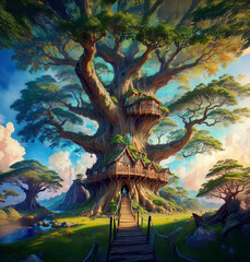 A giant, ancient tree with a trunk as wide as a house, its branches extending into the sky like massive arms. The tree is home to a village of tree-dwelling creatures, with wooden bridges and rope lad