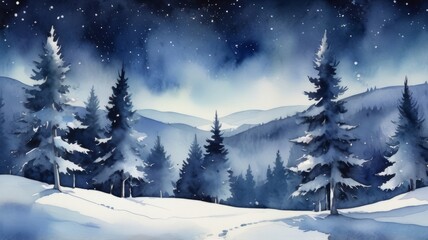 Obraz premium Winter night landscape with snowfall under a cloudy sky, watercolor style