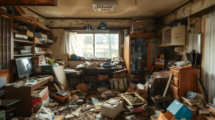 Cluttered room disorganized shelves scattered items messy interior decoration background chaos dirt abandoned ruins broken