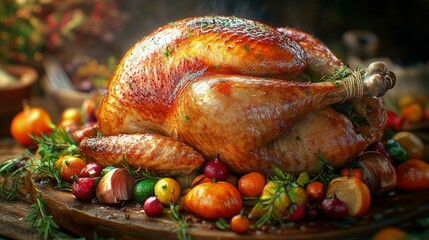 Roast turkey being basted, golden skin glistening, surrounded by vegetables, oven light