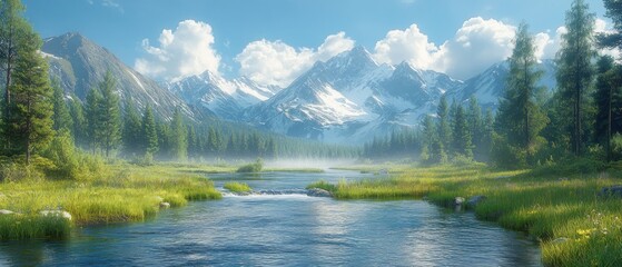 Fototapeta premium Serene River Flowing Through a Verdant Valley With Majestic Snow-Capped Mountains in the Background