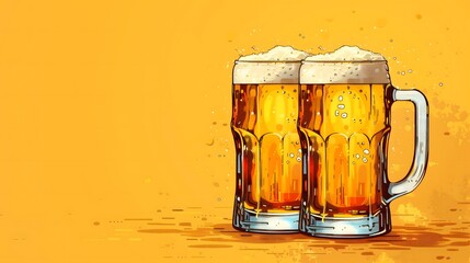 Two frothy beer mugs illustration vibrant yellow background day Octoberfest party alcohol happy advertisement copy space mockup