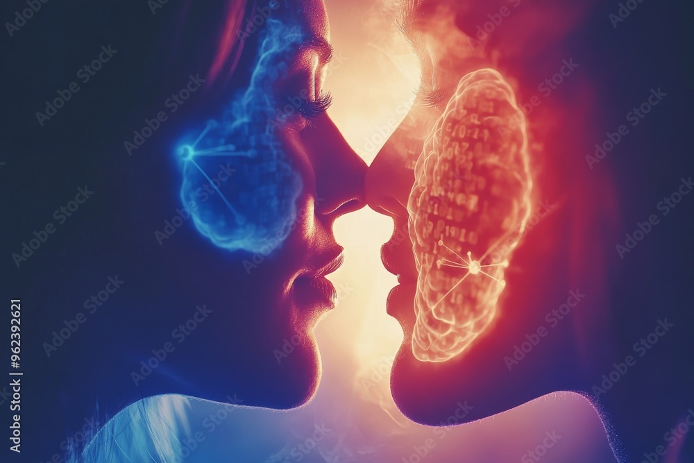 Poster imaging meomory twin profiles with glowing brain images in a sunset setting symbolizing the peaceful