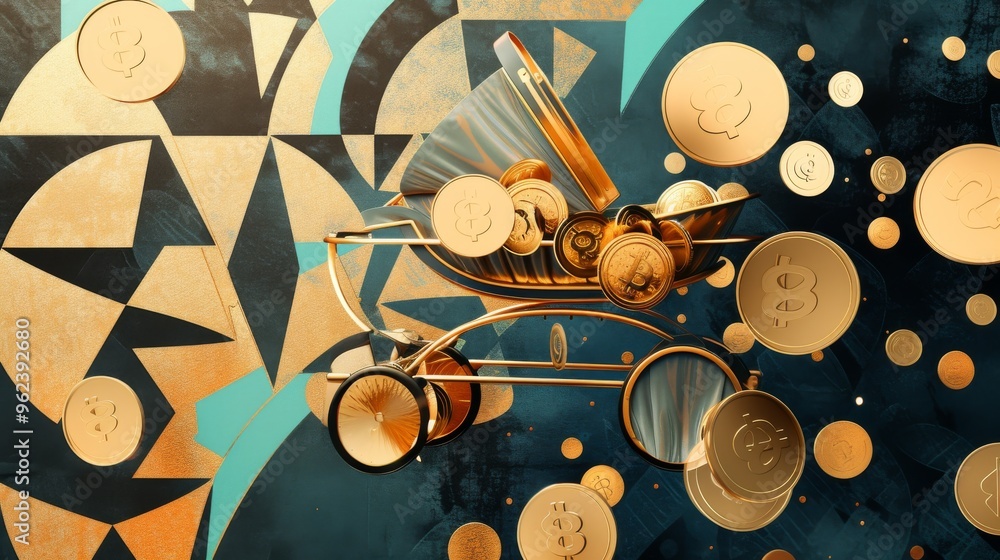 Poster an imaginative depiction of a baby stroller overflowing with bitcoin coins, set in an abstract backg