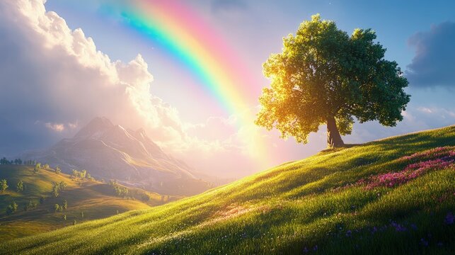 St. Patrick&acirc;&euro;&trade;s Day rainbow, stretching over a field, leading to a pot of gold, bright daylight