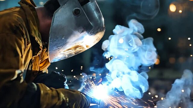welder is welding metal , industry them bokeh and sparkle background