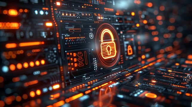 a digital interface with multiple panels showing graphs, locks, and code