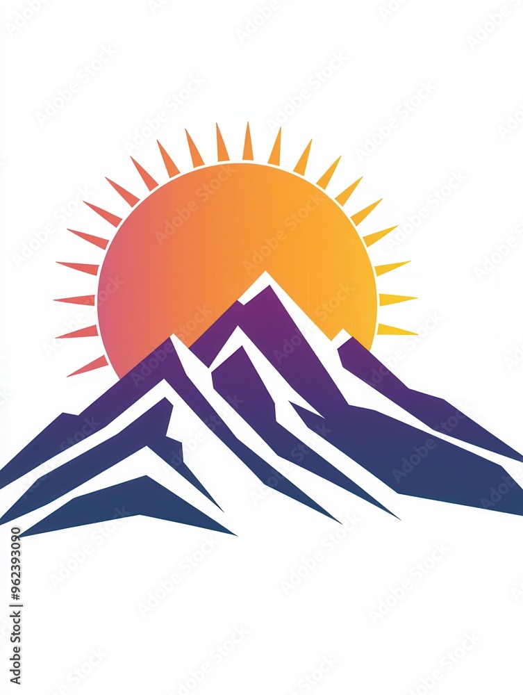 Poster The design showcases minimalist snow-capped mountains with a vibrant sun rising behind them, symbolizing adventure and tranquility. Generative AI