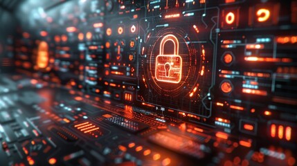 a digital interface with multiple panels showing graphs, locks, and code