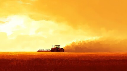 Naklejka premium Tractor plowing a field, dust in the air, late afternoon light