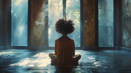 Woman practicing meditation indoors illuminated natural light focused calmness reflecting mindfulness yoga spiritual relaxation inner peace mental clarity self-awareness tranquility healing balance
