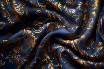 Blue fabric golden ornamental floral pattern background design decoration material textured...