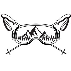 Ski glasses and crossed ski pole vector illustration. Ski Snowboard glasses crossed ski poles with mountains landscape reflection