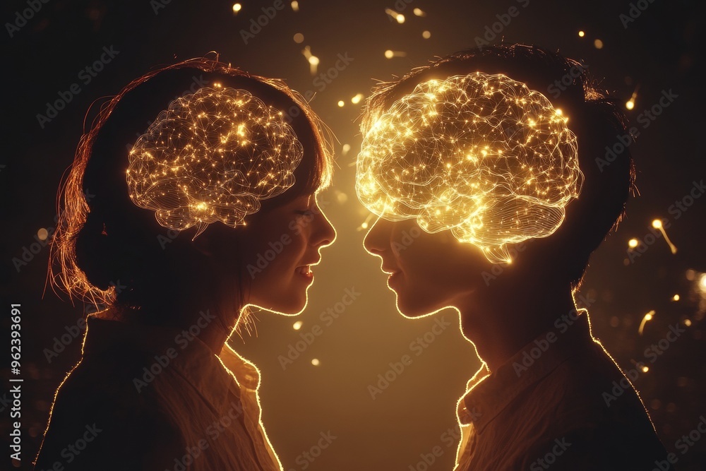 Poster brain drill capacity illuminated brain silhouettes facing each other symbolizing the connection of m