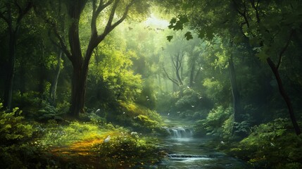 Obraz premium Sun beams through lush green trees, illuminating a tranquil stream with a small waterfall.