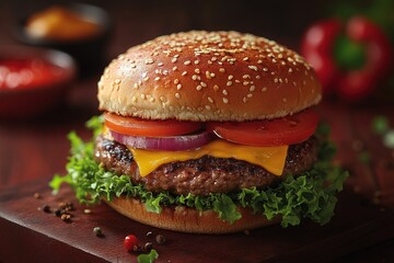 A close-up of a juicy cheeseburger on a wooden cutting board with lettuce, tomato, onion, and cheese.