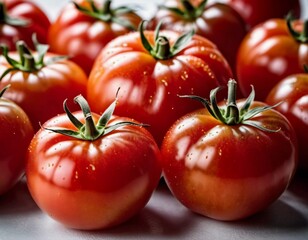 Fototapeta premium Group of ripe, red tomatoes. Tomatoes are arranged in cluster. Light catches surface of tomatoes, highlighting their vibrant color and glistening texture. They were recently harvested. AI generated