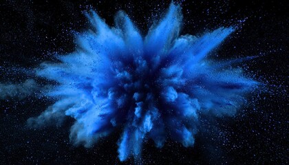 Royal blue powder burst on black, deep blue dust cloud with textured 3D effect.