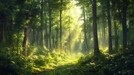Fototapeta premium Sunbeams illuminate a path through a lush green forest, creating a magical atmosphere.