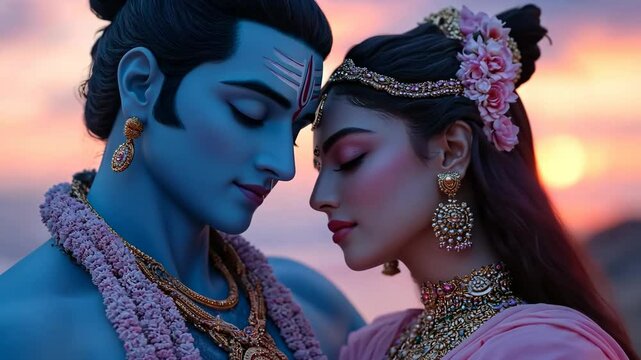 Radha and Lord Krishna hugging on sunrise. Krishna Janmashtami, Govardhan Puja. Hindu god and goddess. Symbol of divine love. Indian culture and religious concept