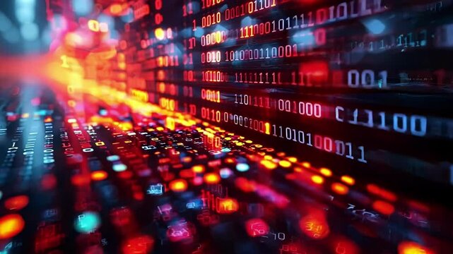 Red and blue binary digits are forming a glowing data stream, illustrating the concept of big data, programming and finance